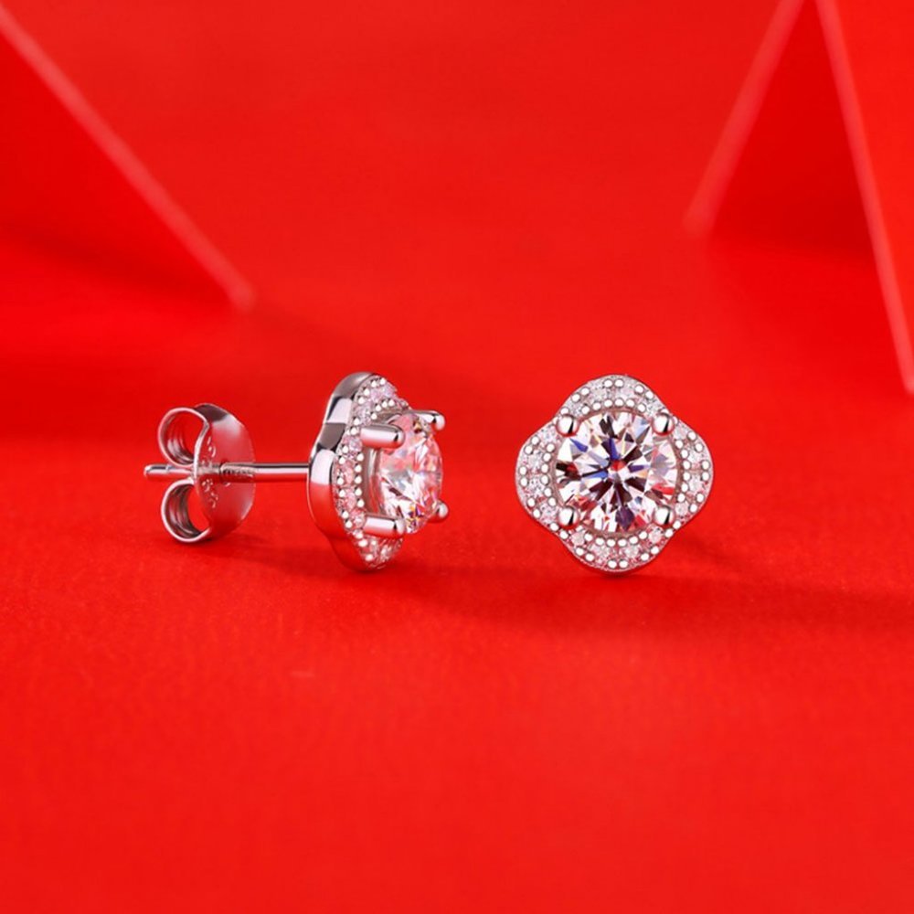 Certified 1ct. t.w. Moissanite Diamond Clover Halo Stud Earrings NEW - Picture 4 of 13